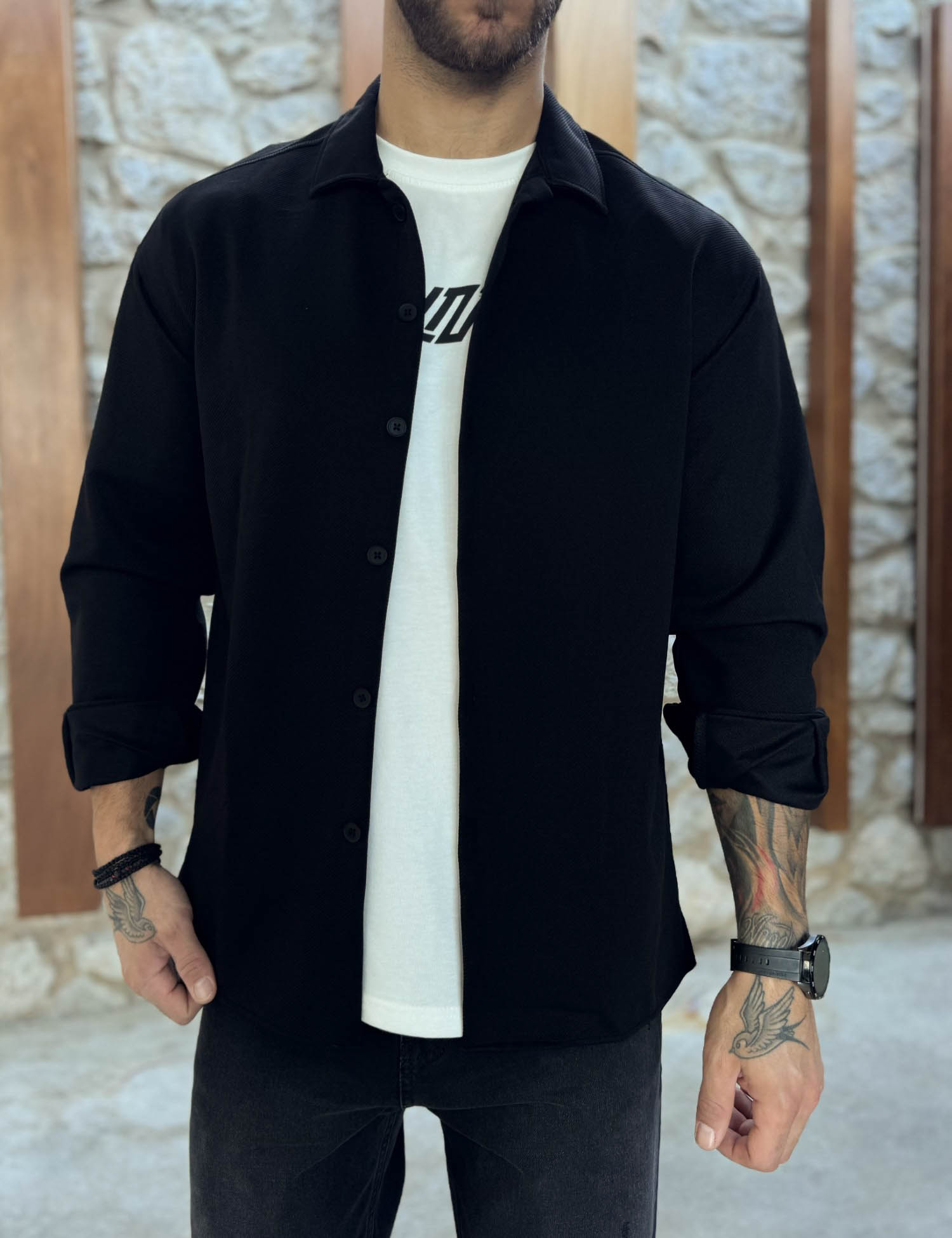 RMZ Ανδρικό μαύρο διαγωνάλ Overshirt με γιακά RMZ456